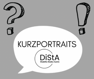 Weiße Sprechblase auf grauem Hintergrund mit Fragezeichen und Ausrufezeichen. In der Sprechblase steht: Kurzportraits und das DiStA Logo ist abgebildet.